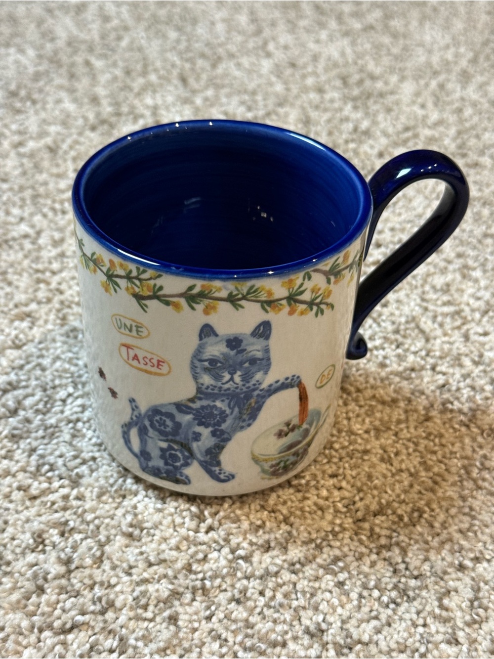 Anthropologie Blue and White Floral Cat Mug with Gold Handle Accent - Picture 3 of 6